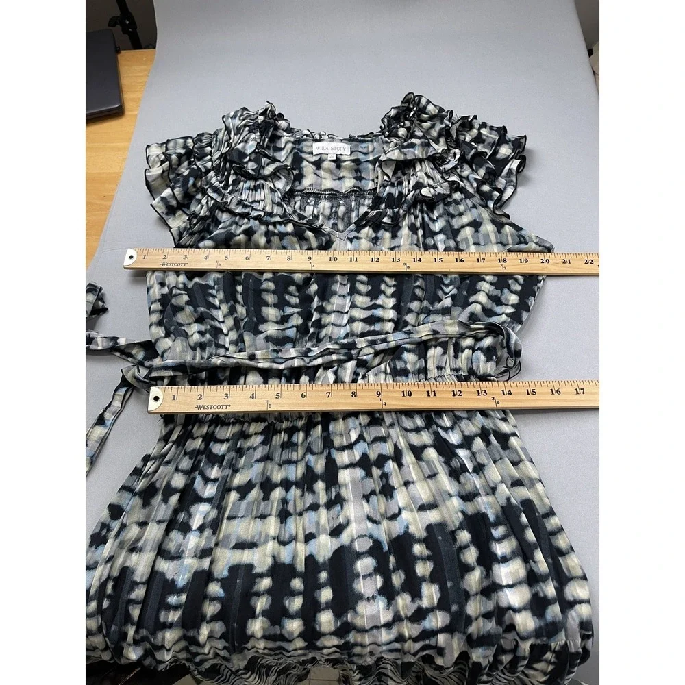 WILA STORY Womens Large L Maxi Dress Black Grey Blue Tie Dye Ruffle Sleeve Belte